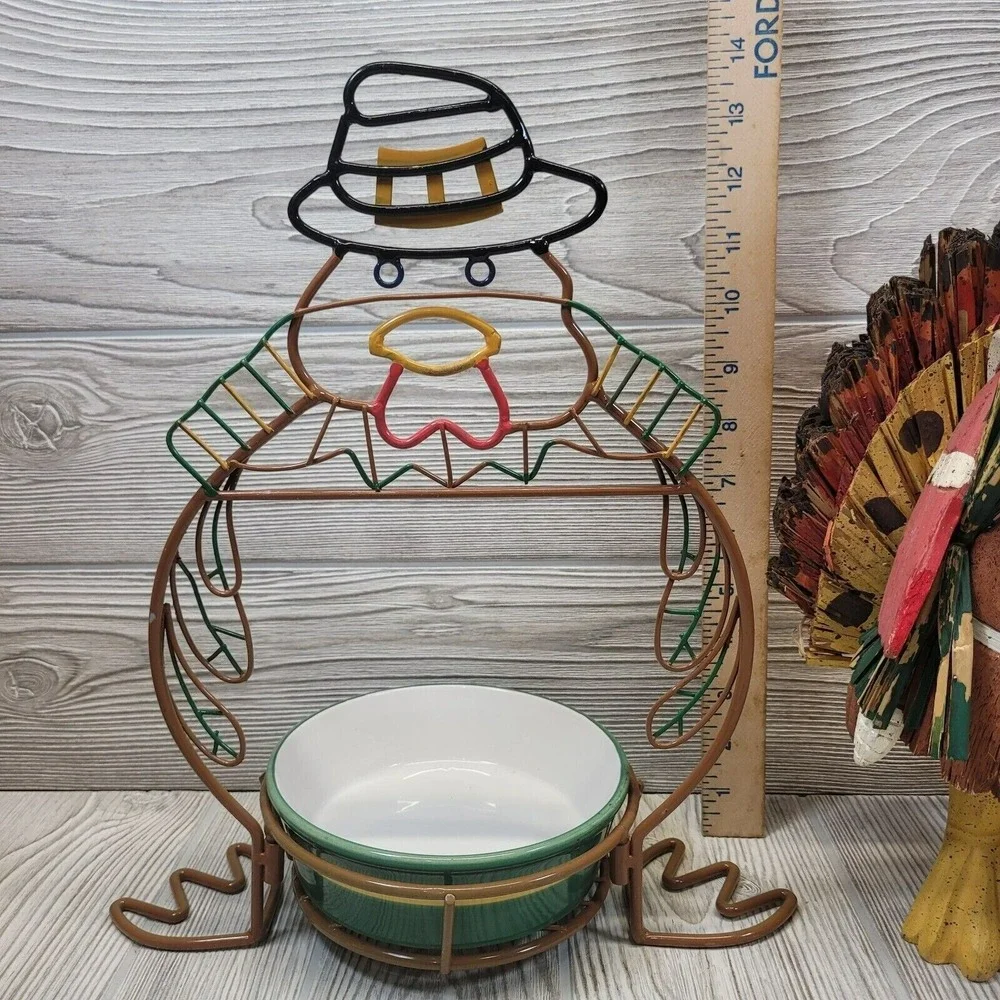 LTD Commodities Thanksgiving Turkey Decor Set Brown Green Wire Dish and Figurine